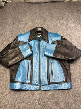 Versace Jeans Couture Vintage Colorblock Leather Jacket Blue Black Size XXXL